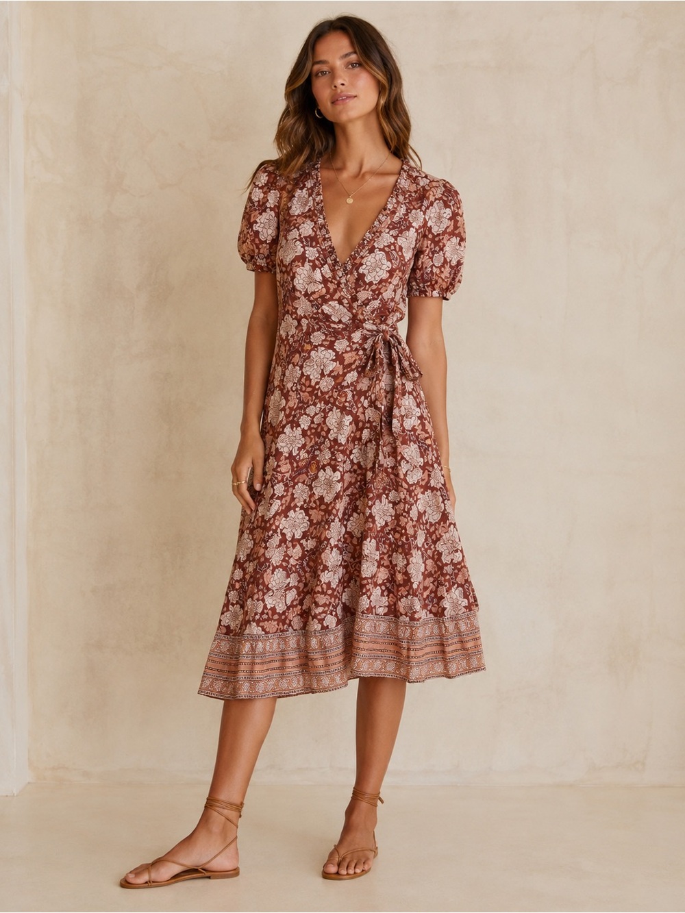 Cleobella Floral Cotton Wrap Dress Midi Puff Sleeves Size XS Feminine
